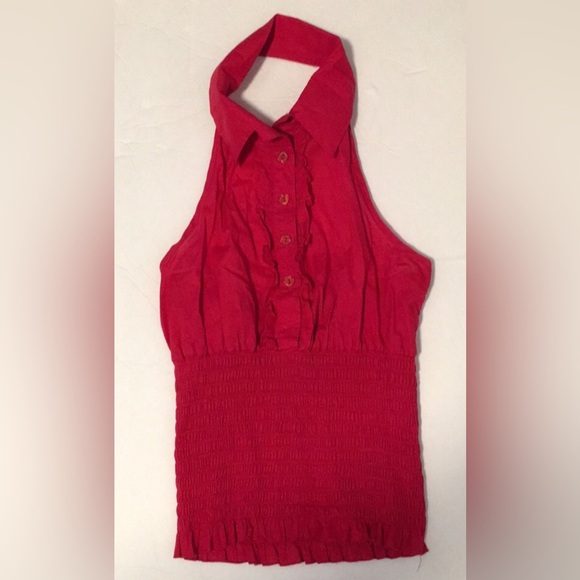 RETRO RED COTTON HALTER Tuxedo TOP w/ruffles- XS - Picture 2 of 11